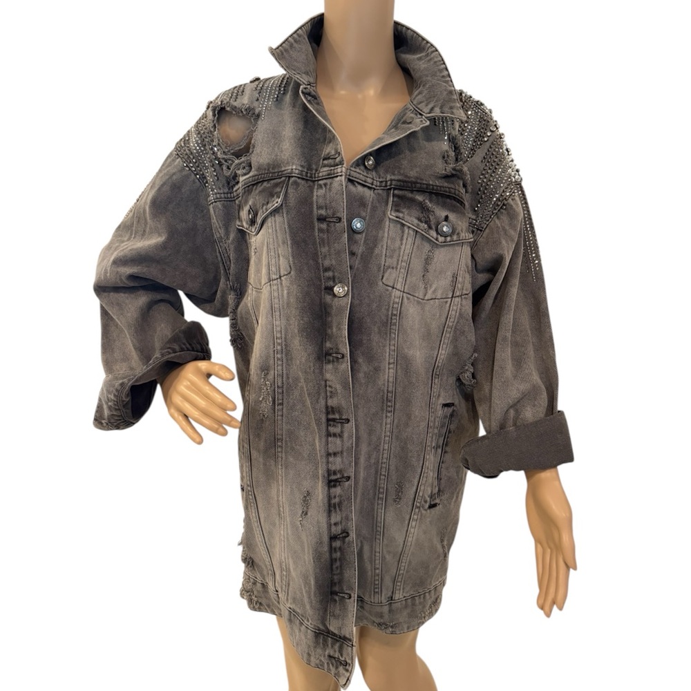 Doshe Luxe oversized, distressed black denim jacket with embellishments.